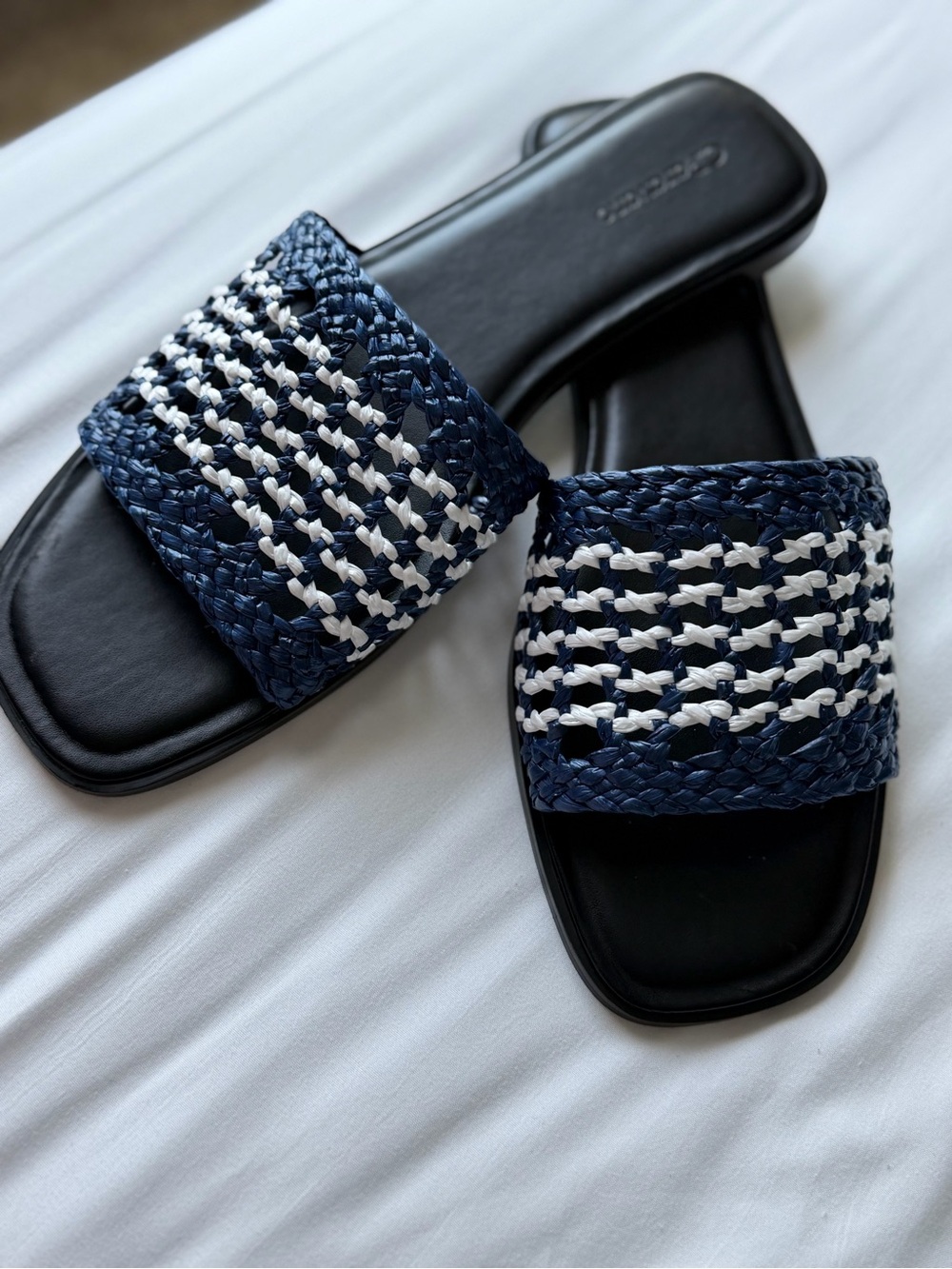Woven Navy and White Slide Sandals - Women